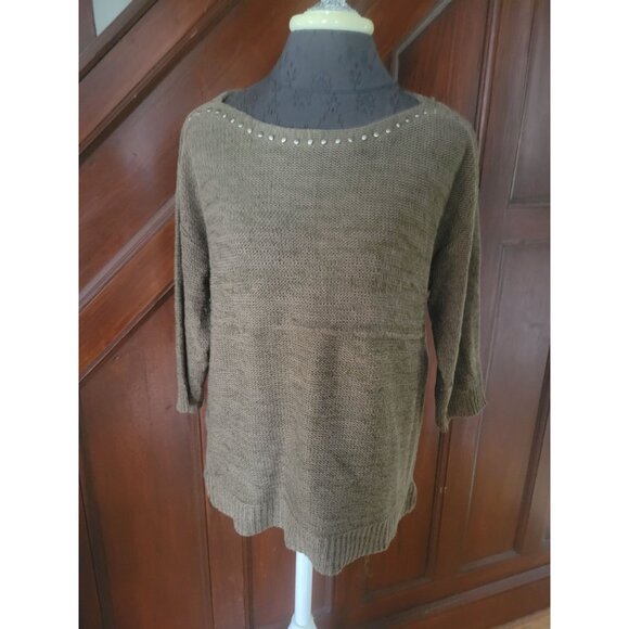 Chicos Brown Studded Knit Sweater Womens Size L Lightweight Pullover - Picture 1 of 8